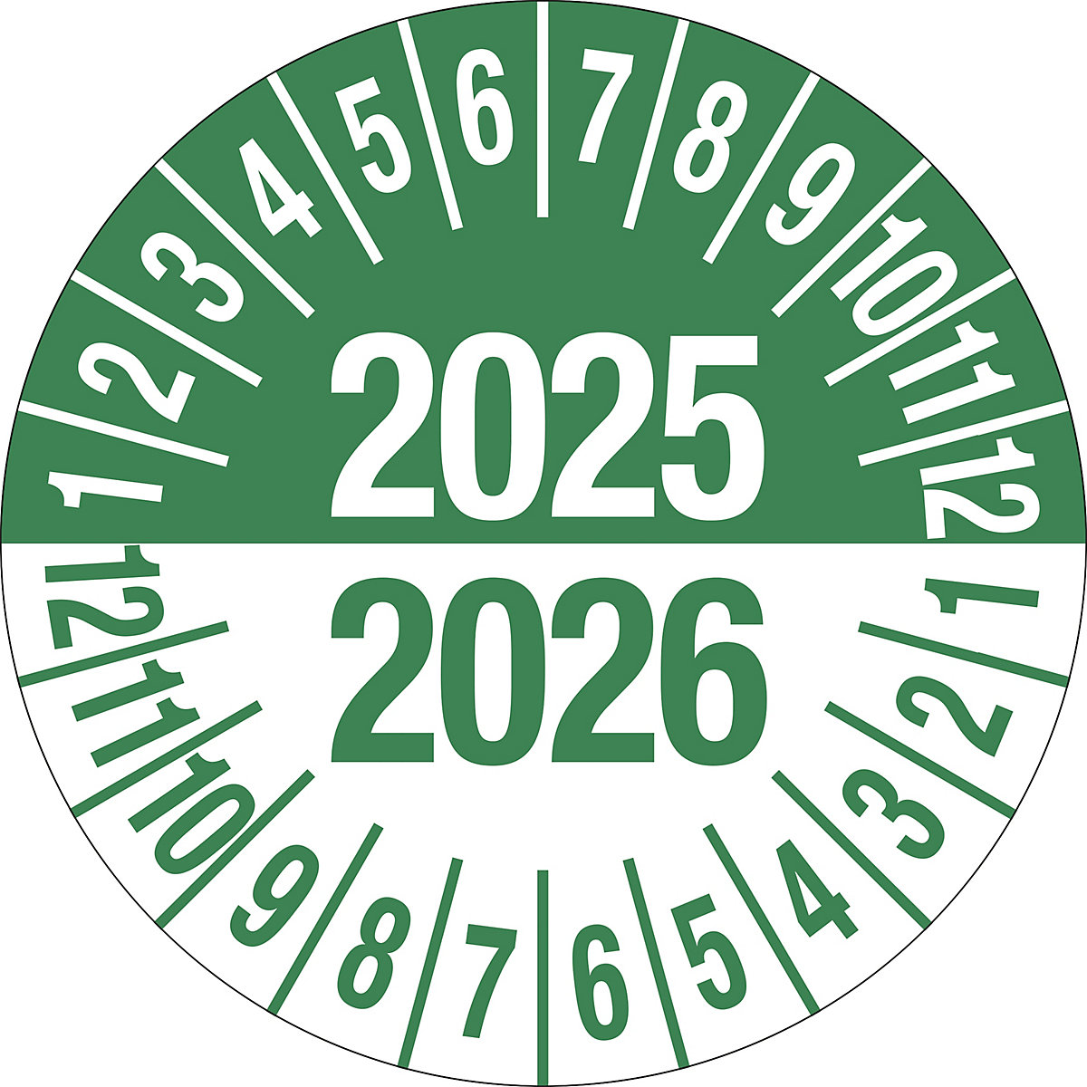 Prüfplakette, Mehrjahreszahlen, grün, Dokumentenfolie, Ø 35 mm, VE 10 Stk, 2025/2026-6
