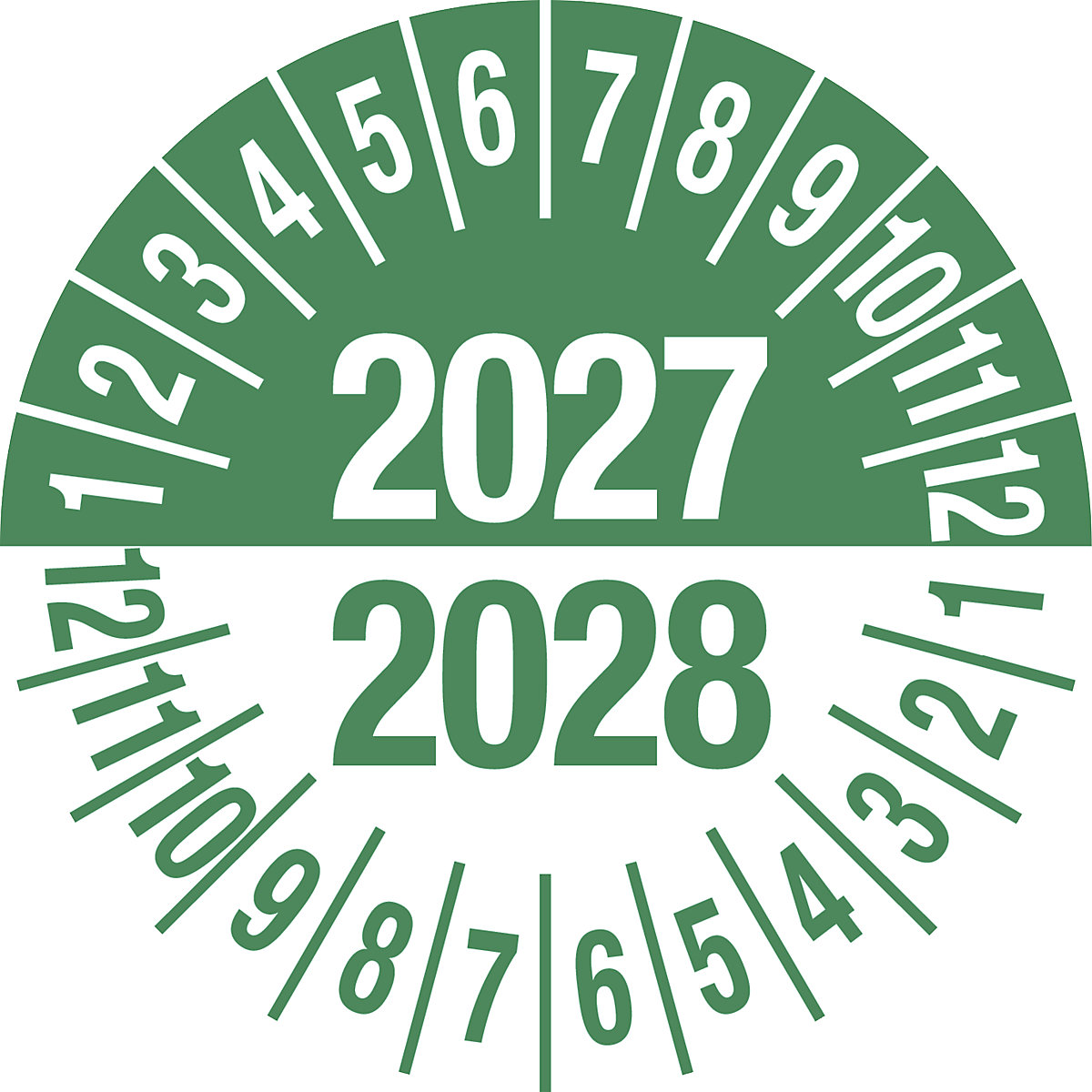 Prüfplakette, Mehrjahreszahlen, grün, Dokumentenfolie, Ø 35 mm, VE 10 Stk, 2027/2028-4