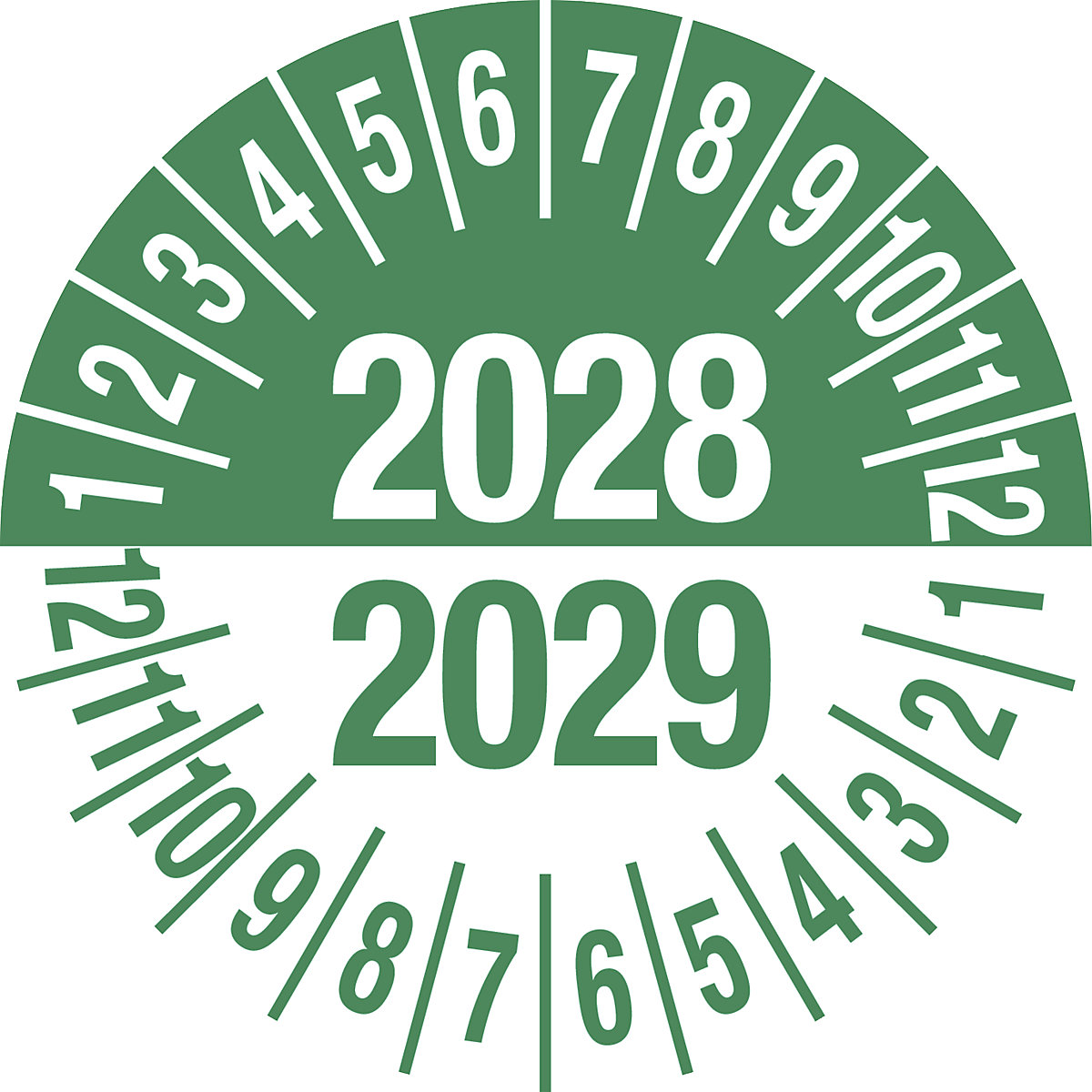 Prüfplakette, Mehrjahreszahlen, grün, Dokumentenfolie, Ø 35 mm, VE 10 Stk, 2028/2029-1