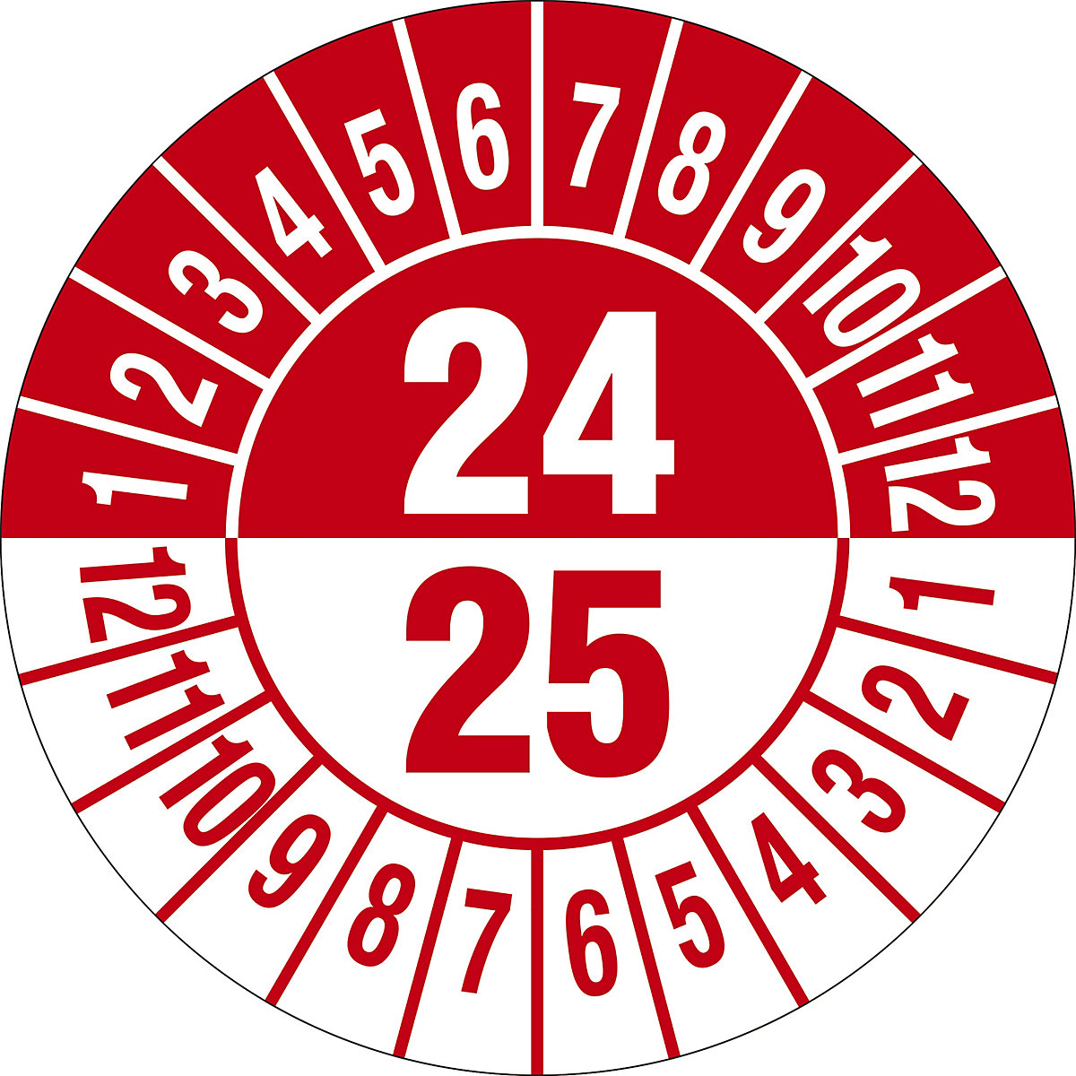 Prüfplakette, Mehrjahreszahlen, Dokumentenfolie, Ø 25 mm, VE 10 Stk, 24/25, rot-6