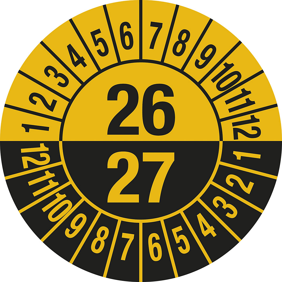 Prüfplakette, Mehrjahreszahlen, Dokumentenfolie, Ø 25 mm, VE 10 Stk, 26/27, gelb-4