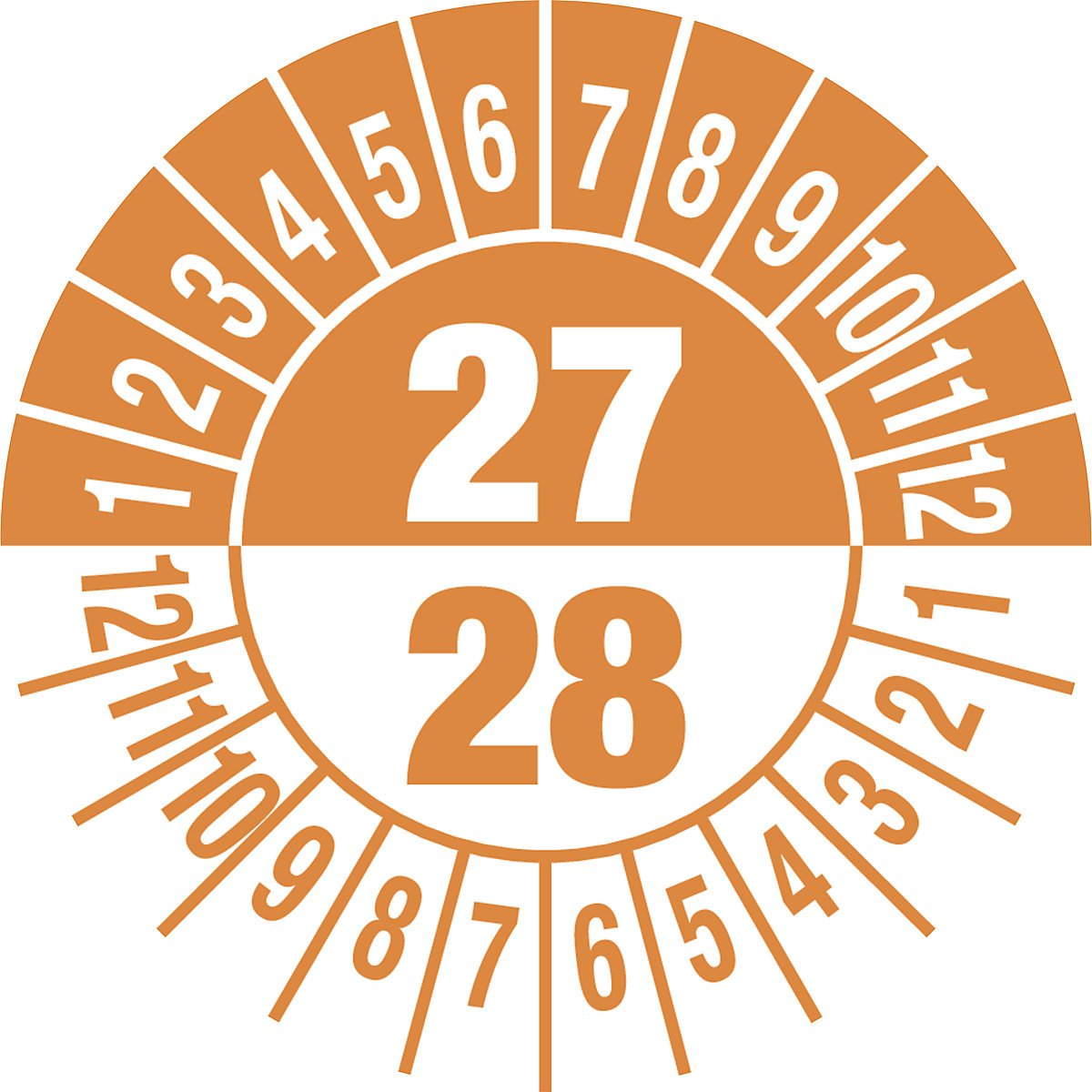 Prüfplakette, Mehrjahreszahlen, Dokumentenfolie, Ø 25 mm, VE 10 Stk, 27/28, orange-3