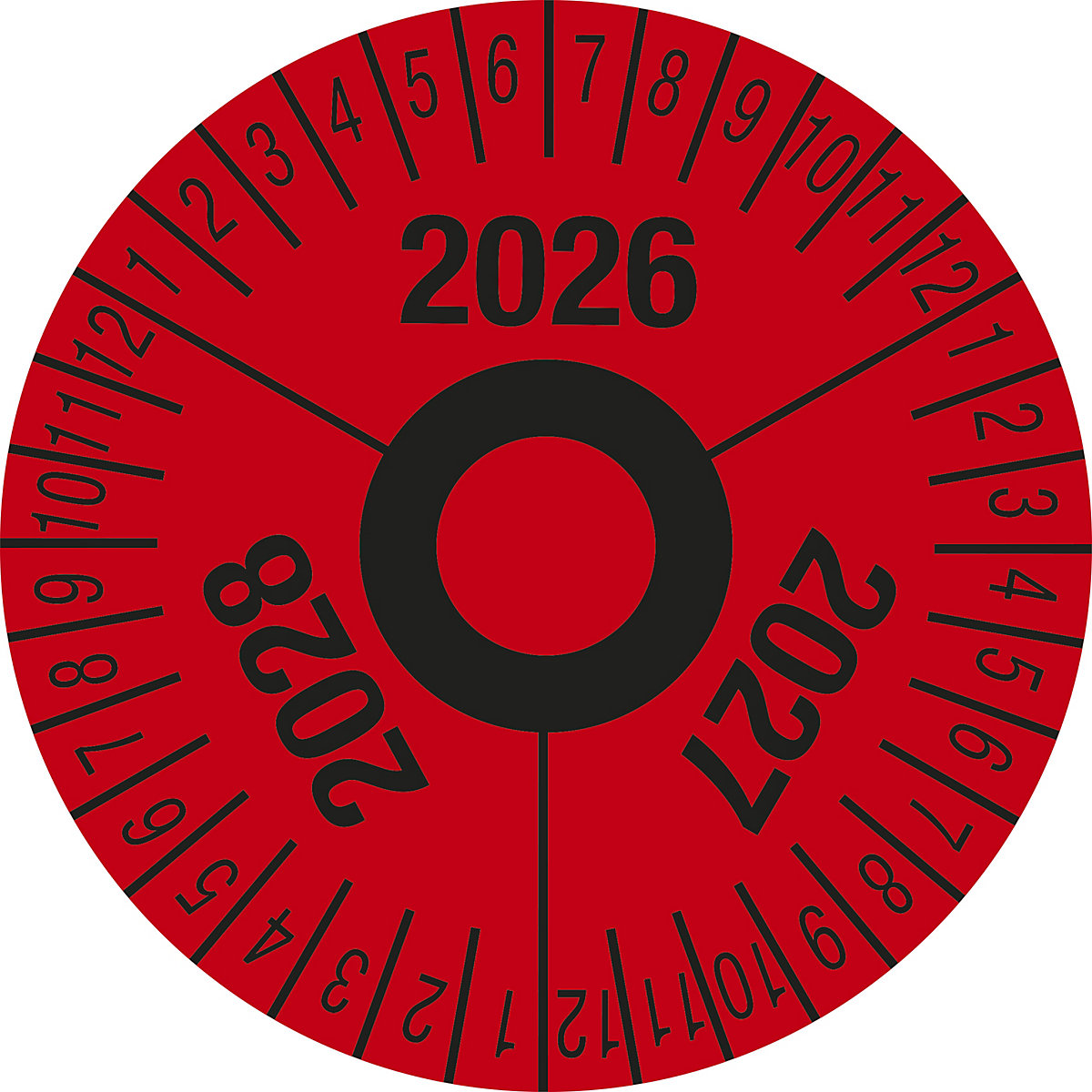 Prüfplakette, Mehrjahreszahlen, rot, Folie, Ø 40 mm, VE 10 Stk, 2026 – 2028-4