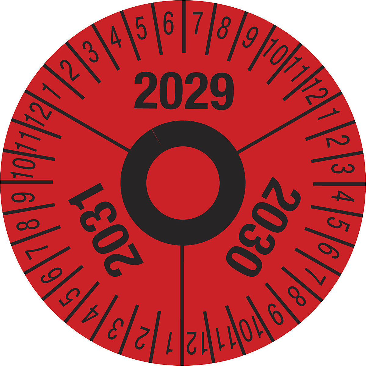 Prüfplakette, Mehrjahreszahlen, rot, Folie, Ø 40 mm, VE 10 Stk, 2029 – 2031-6