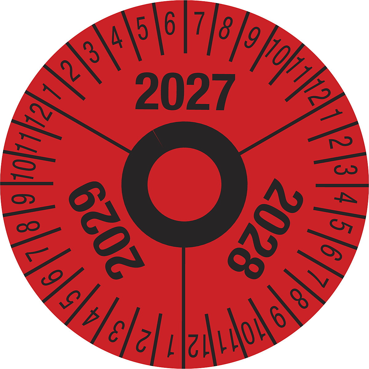 Prüfplakette, Mehrjahreszahlen, rot, Folie, Ø 40 mm, VE 10 Stk, 2027 – 2029-1