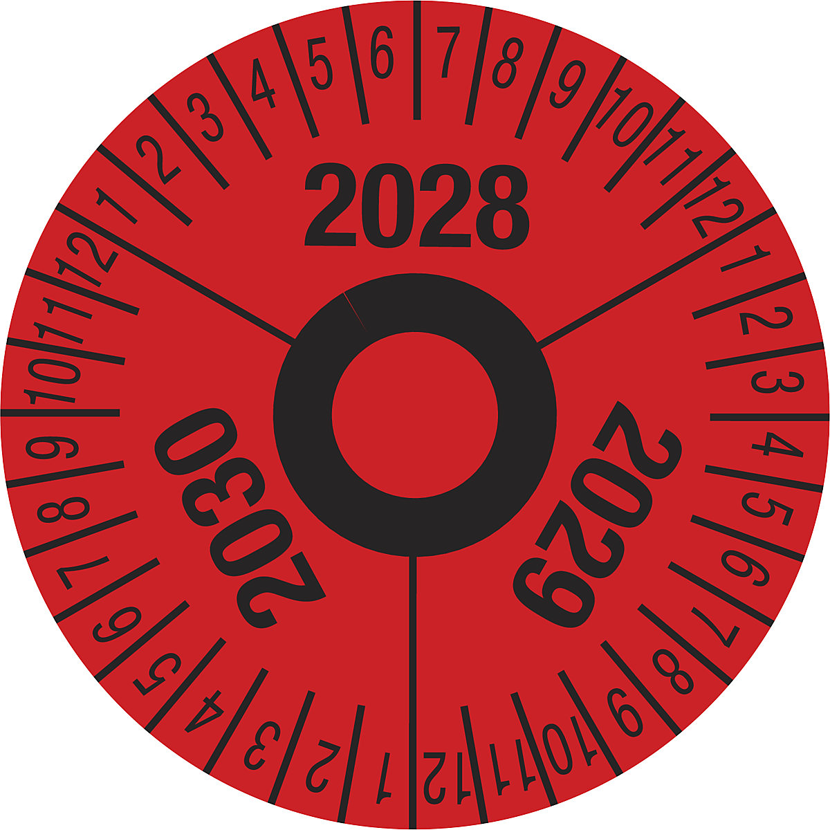Prüfplakette, Mehrjahreszahlen, rot, Folie, Ø 40 mm, VE 10 Stk, 2028 – 2030-2