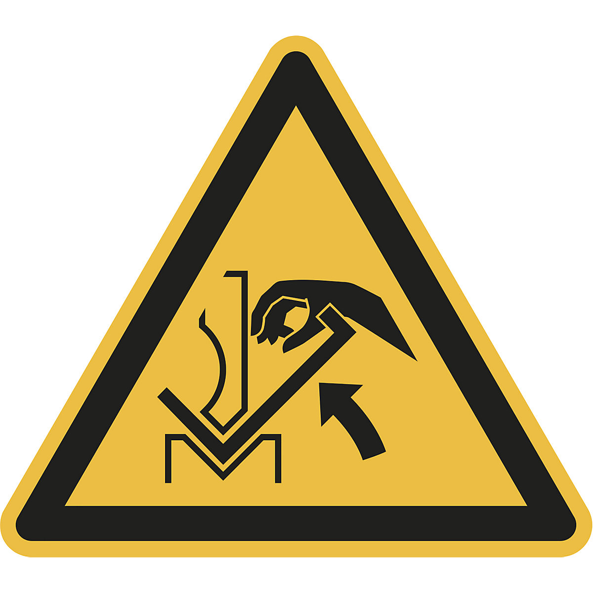 Warnkennzeichen, Warnung vor Quetschgefahr der Hand zwischen Presse und Werkstück, VE 10 Stk, Folie, Schenkellänge 200 mm