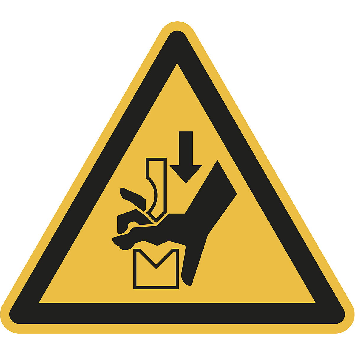 Warnkennzeichen, Warnung vor Quetschgefahr der Hand zwischen Werkzeugen einer Presse, VE 10 Stk, Folie, Schenkellänge 200 mm