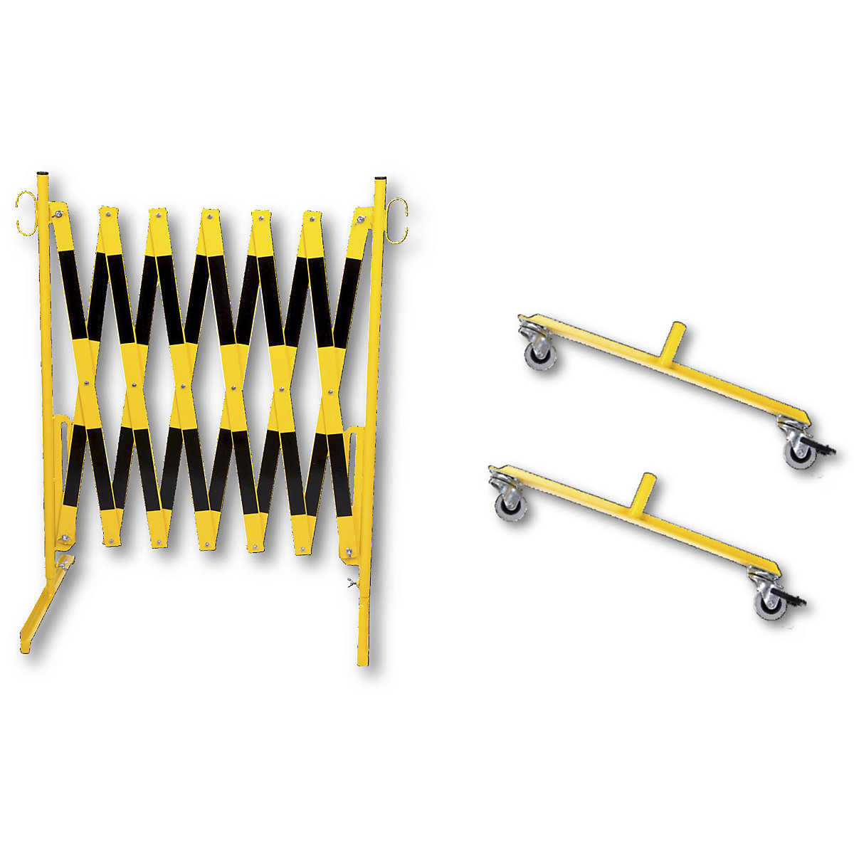Barrière extensible, avec 2 pieds équipés de roulettes, jaune / noir, longueur max. 3600 mm