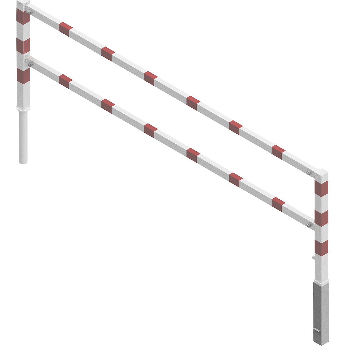 Barrière pivotante, avec barre supérieure et au niveau des genoux, blanc avec bandes réfléchissantes rouges, largeur 3000 mm-3