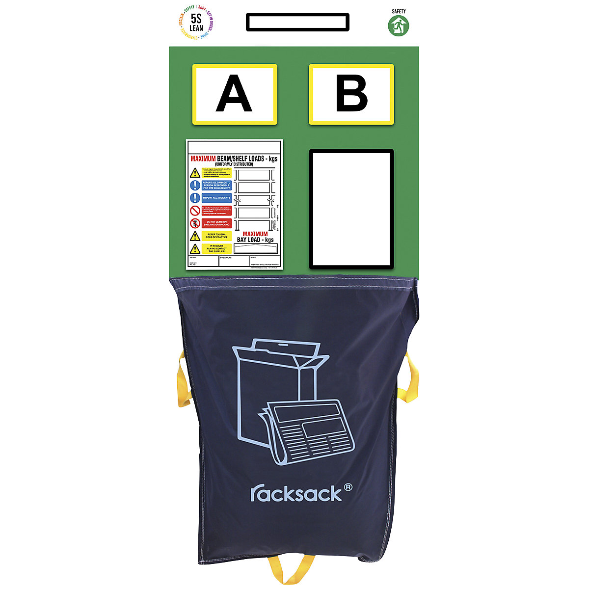 Tableau d'information pour rayonnages, marquage double, avec sac-poubelle, h x l 2000 x 900 mm, vert