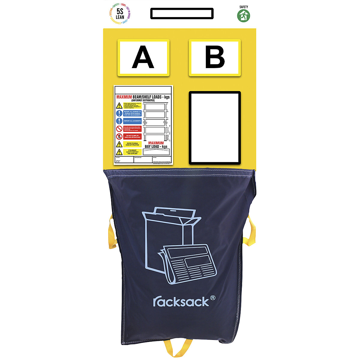 Tableau d'information pour rayonnages, marquage double, avec sac-poubelle, h x l 2000 x 900 mm, jaune