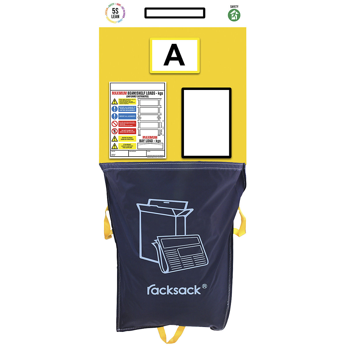 Tableau d'information pour rayonnages, marquage simple, avec sac-poubelle, h x l 2000 x 900 mm, jaune