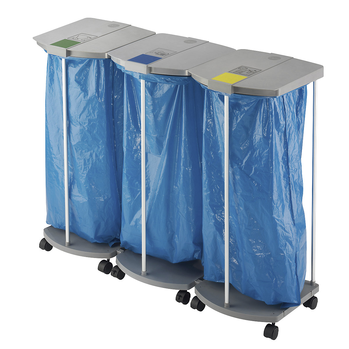 Suporte para sacos do lixo com 250 sacos azuis para materiais recicláveis – Hailo, ProfiLine MSS XXXL, 3 x 120 l, AxLxP 1000 x 1330 x 450 mm, móvel-4