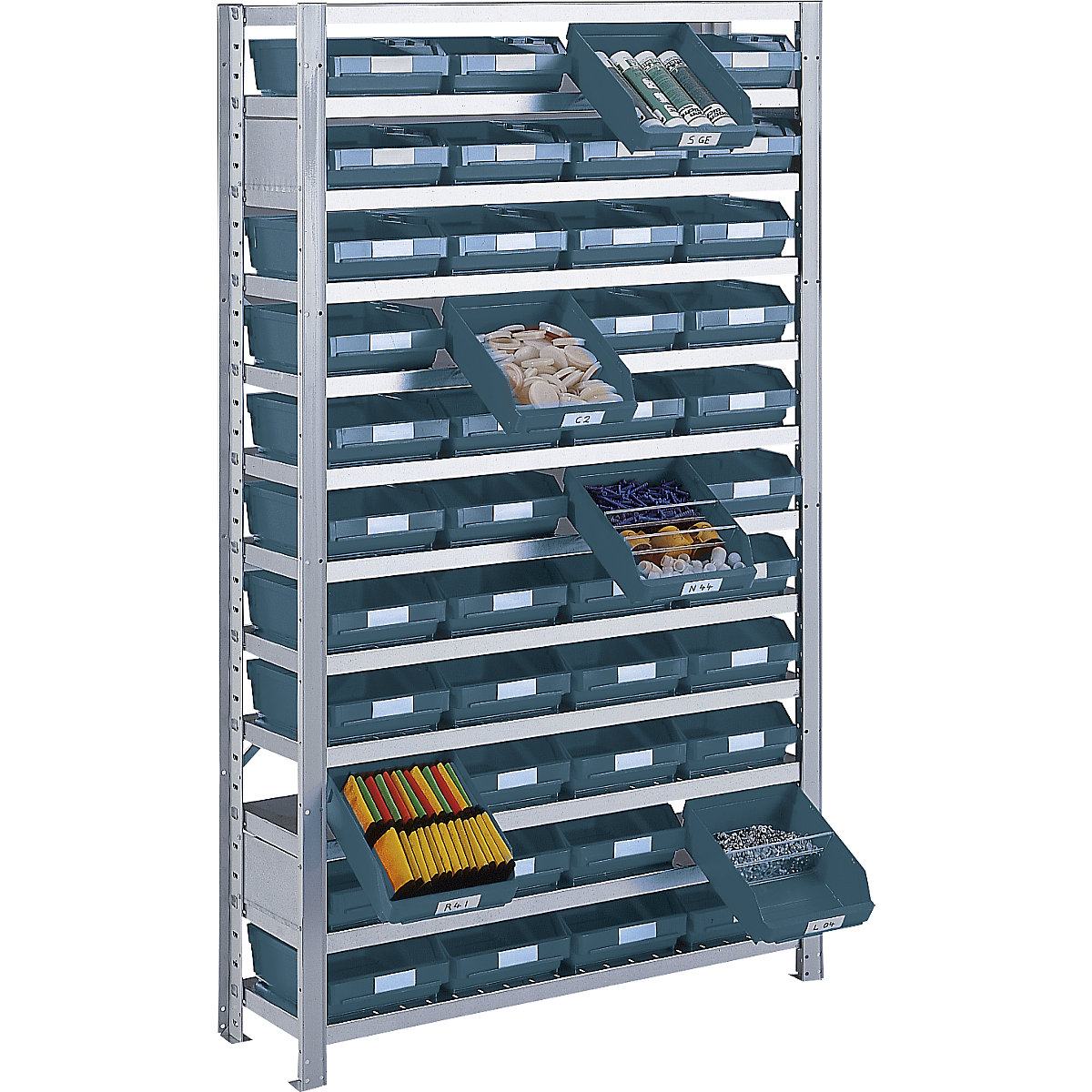 Estante de encaixar com caixas para estante – STEMO, altura da estante 1790 mm, estante adicional, profundidade 300 mm, 44 caixas verdes-33