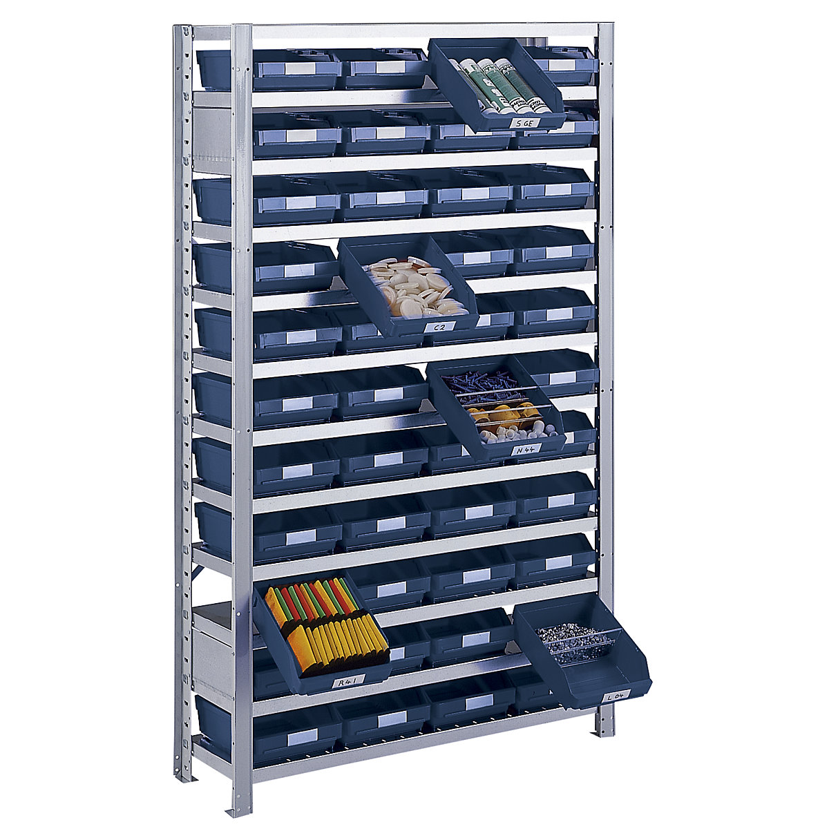 Estante de encaixar com caixas para estante – STEMO, altura da estante 1790 mm, estante adicional, profundidade 300 mm, 44 caixas azuis-12