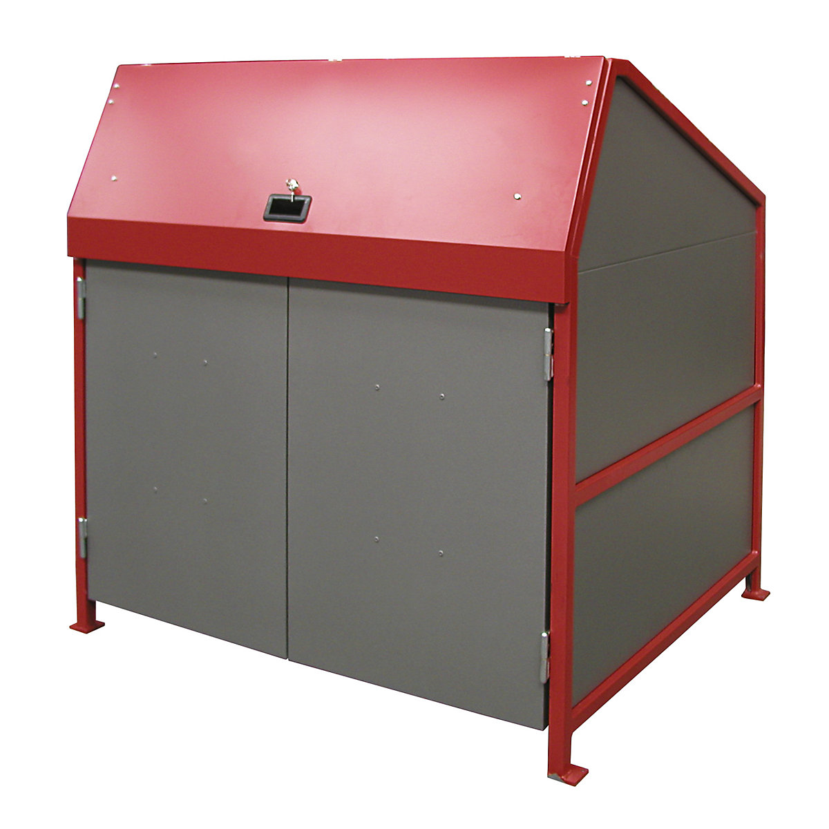 Caseta para contenedores de basura – eurokraft pro, cerrado por los 4 lados, con puertas, construcción de marcos en rojo-6