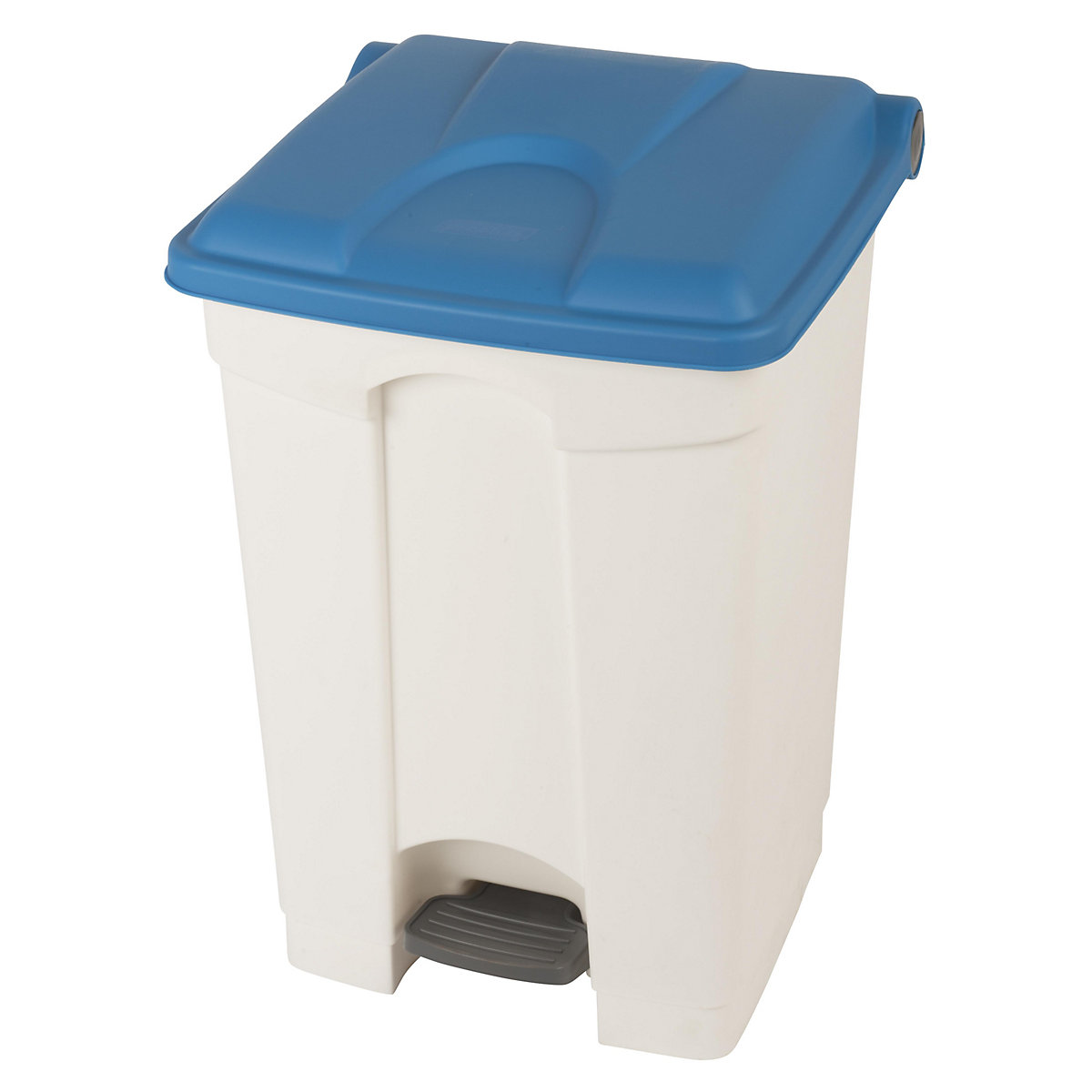 EUROKRAFTbasic – Colector de deșeuri cu pedală, volum 45 l, lăț. x î. x ad. 410 x 600 x 400 mm, alb, capac albastru