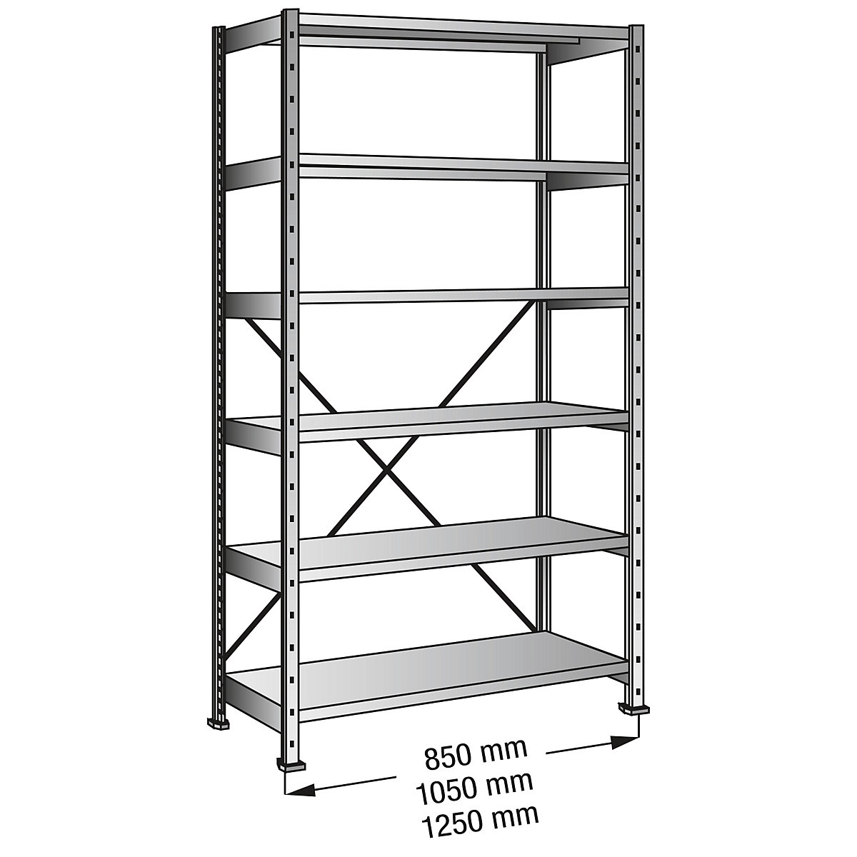 Raft cu inserare industrial și pentru depozit, lățime poliță 1200 mm, 6 polițe, raft de bază cu adâncime de 300 mm