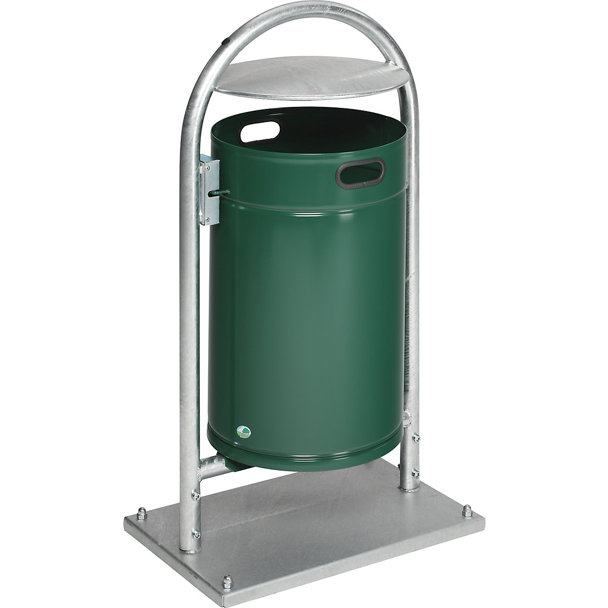 Contenitore per rifiuti per esterni, 60 l, acciaio – VAR, con tubo curvato e tettuccio, verde muschio-3