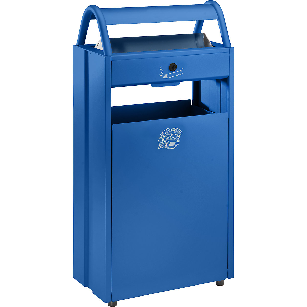 Contenitore per rifiuti completo di posacenere e tettuccio antipioggia – VAR, capacità 60 l, largh. x alt. x prof. 480 x 960 x 250 mm, blu genziana RAL 5010-5