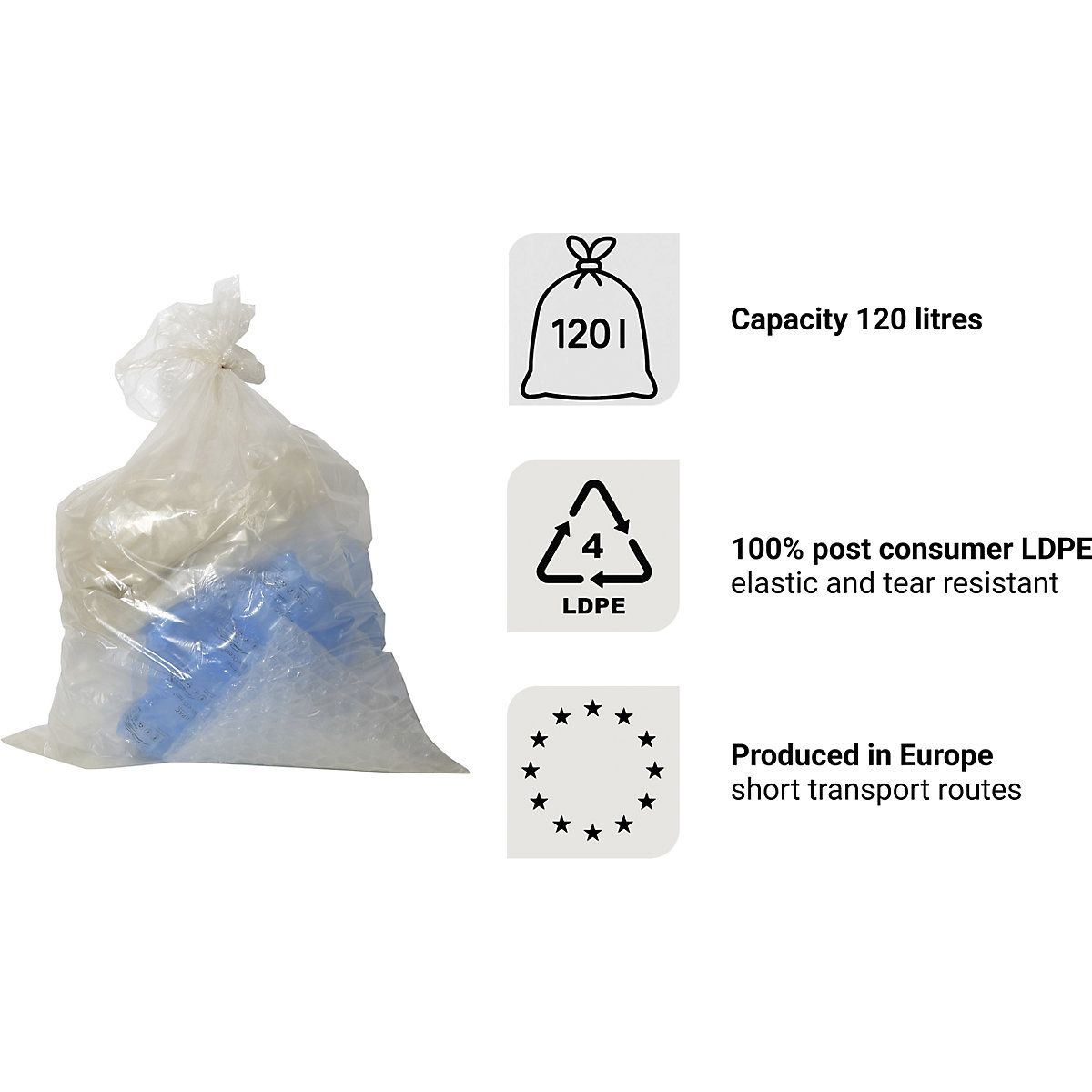 Sacchi per rifiuti, 100% PCR LDPE, 120 l – eurokraft basic (Foto prodotto 10)-9