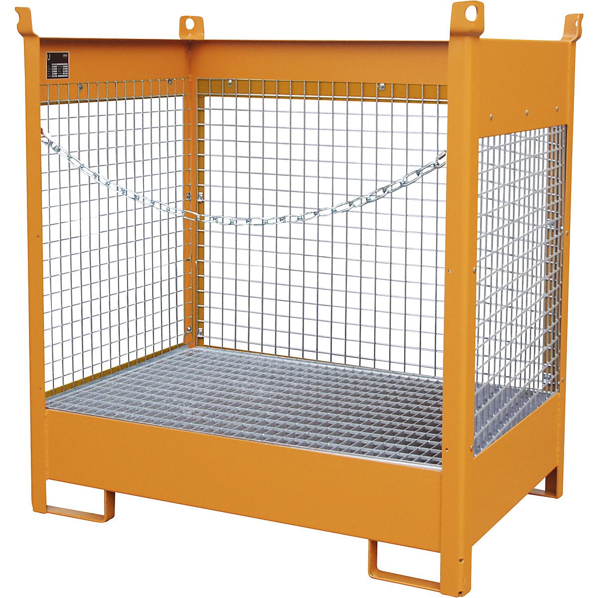 Skladiščna in transportna paleta s prestrezno kadico – eurokraft pro, 3 mrežaste stranice, za 2 soda prostornine 200 l, oranžne barve-19