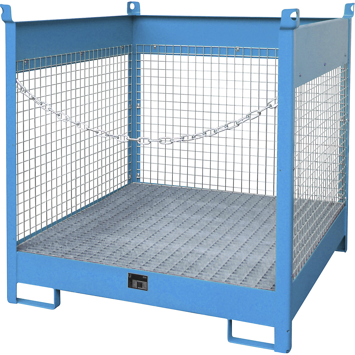 Skladiščna in transportna paleta s prestrezno kadico – eurokraft pro, 3 mrežaste stranice, za 4 sode prostornine 200 l, modre barve-9