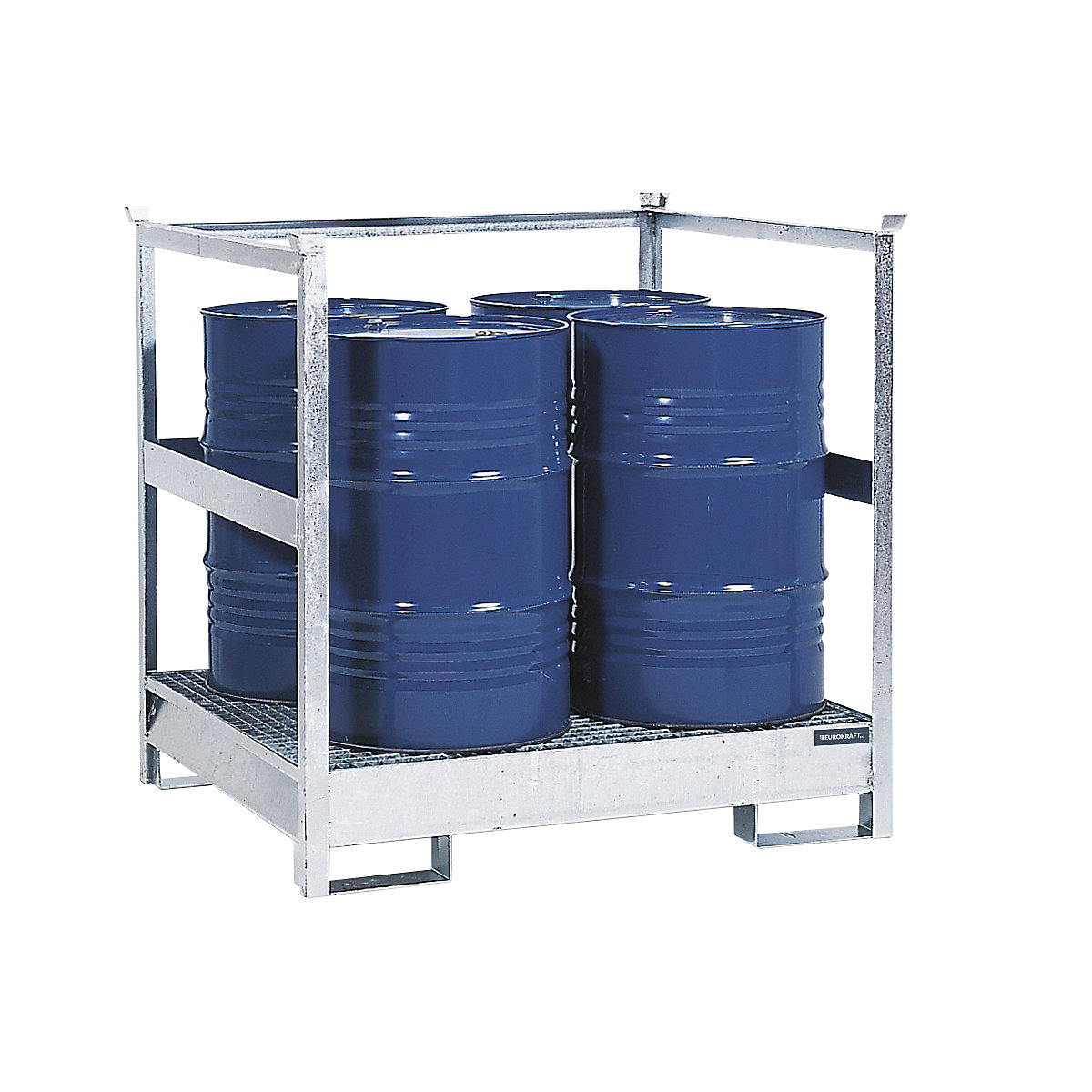 Záchytná vana pro sudy pro přepravu a skladování – eurokraft pro, zadní a boční ocelový rám otevřený, stohovatelné, pro 4 sudy, pozinkováno-4