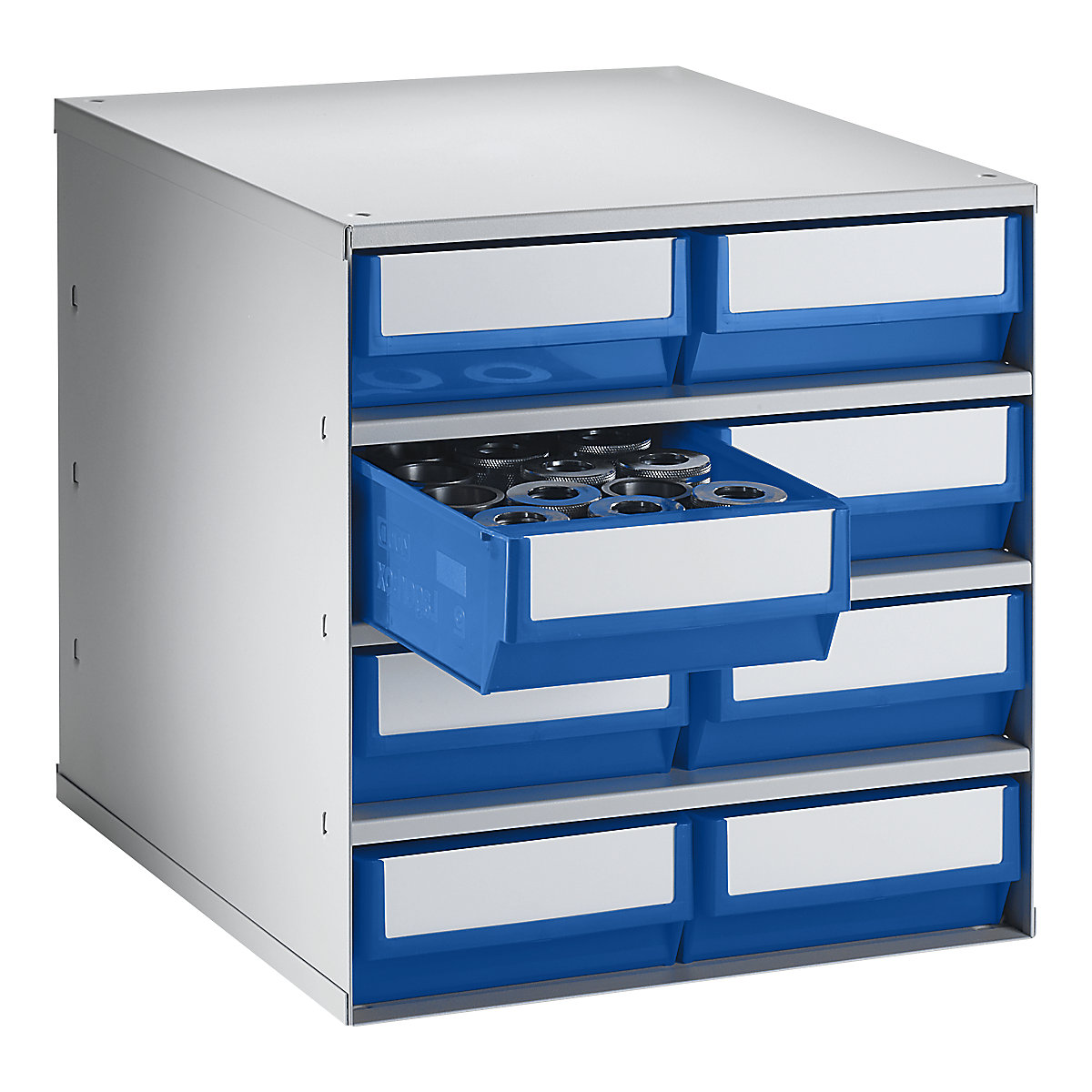 Zásuvkový zásobník, nosnost tělesa 75 kg, v x š x h 395 x 376 x 400 mm, 8 zásuvek, zásuvky modré-5