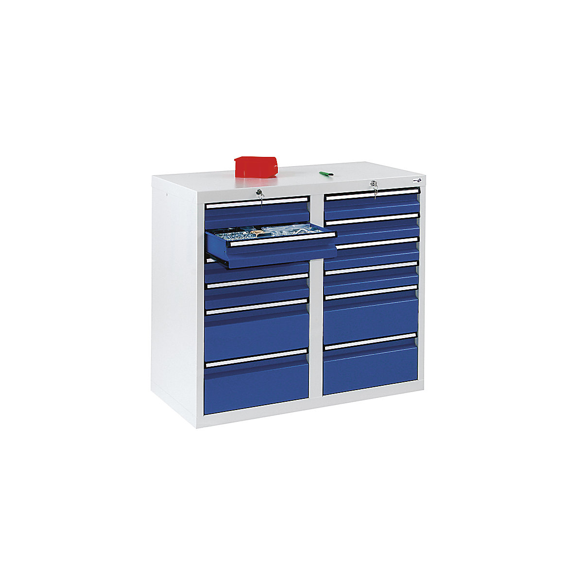 Zásuvková skriňa, v x š x h 900 x 1000 x 500 mm, 8 zásuviek 100 mm, 4 zásuvky výšky 200 mm, korpus šedá, zásuvky enciánová modrá-8