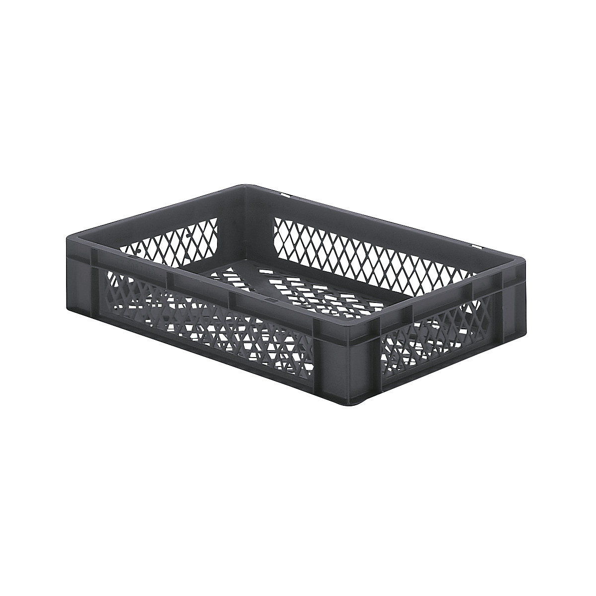 Pojemnik ustawiany w stos w formacie euro, ścianki i dno perforowane, dł. x szer. x wys. 600 x 400 x 120 mm, szary, opak. 5 szt.