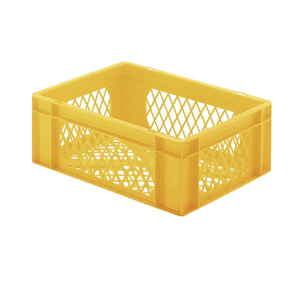 Pojemnik ustawiany w stos w formacie euro, ścianki i dno perforowane, dł. x szer. x wys. 400 x 300 x 145 mm, żółty, opak. 5 szt.