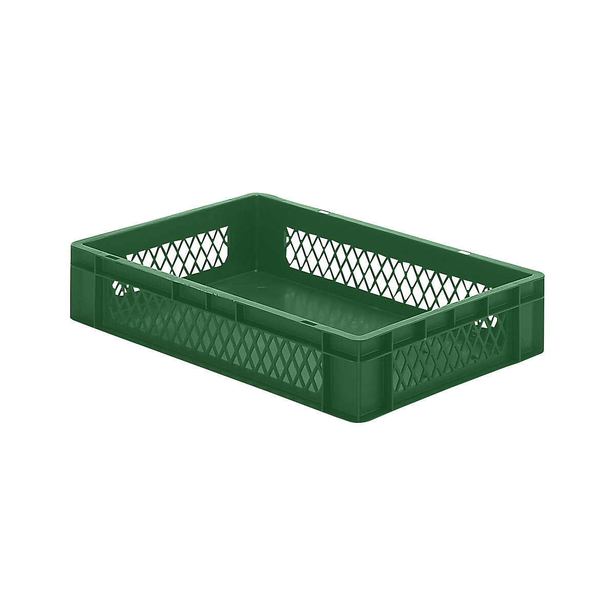 Pojemnik ustawiany w stos w formacie euro, ścianki perforowane, dno zamknięte, dł. x szer. x wys. 600 x 400 x 120 mm, zielony, opak. 5 szt.