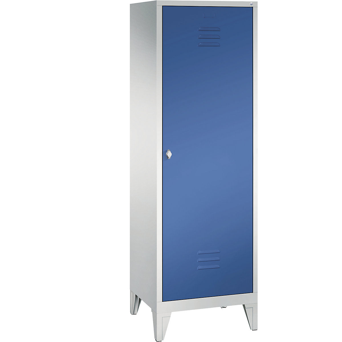 C+P CLASSIC Garderobenschrank mit Füßen, Tür über 2 Abteile, 2 Abteile, Abteilbreite 300 mm, lichtgrau / enzianblau