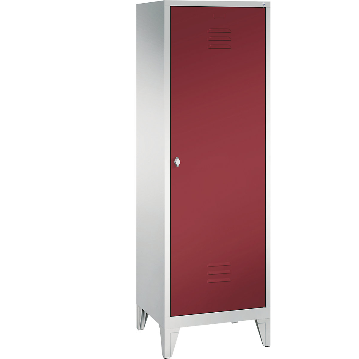 C+P CLASSIC Garderobenschrank mit Füßen, Tür über 2 Abteile, 2 Abteile, Abteilbreite 300 mm, lichtgrau / rubinrot