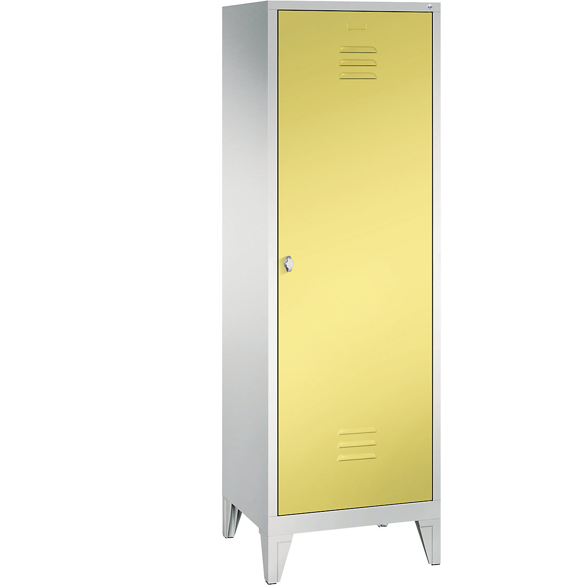 C+P CLASSIC Garderobenschrank mit Füßen, Tür über 2 Abteile, 2 Abteile, Abteilbreite 300 mm, lichtgrau / schwefelgelb