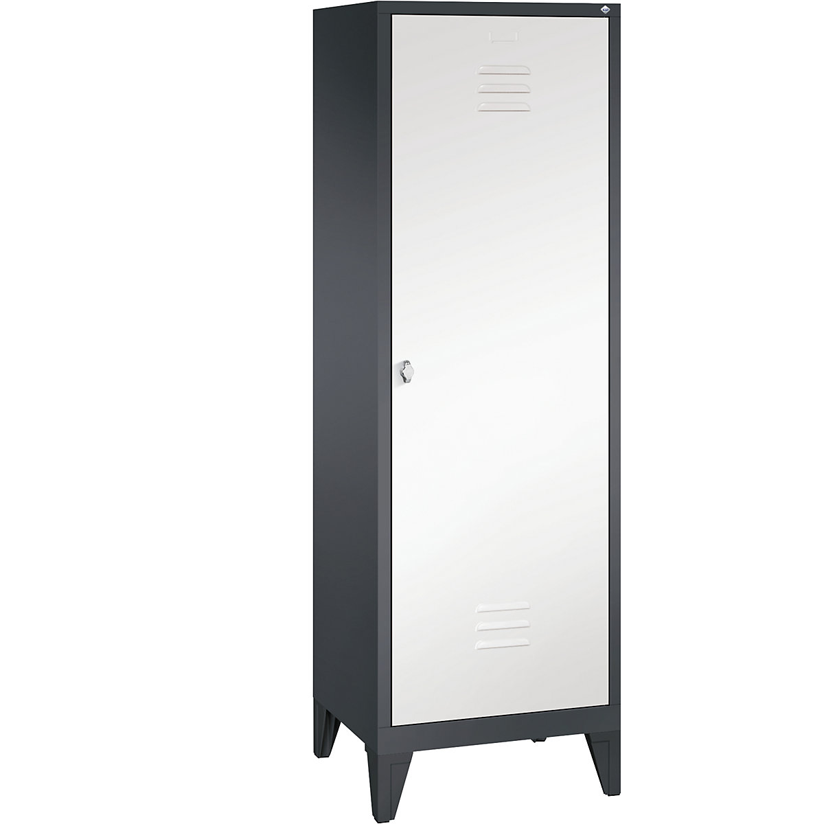 C+P CLASSIC Garderobenschrank mit Füßen, Tür über 2 Abteile, 2 Abteile, Abteilbreite 300 mm, schwarzgrau / verkehrsweiß