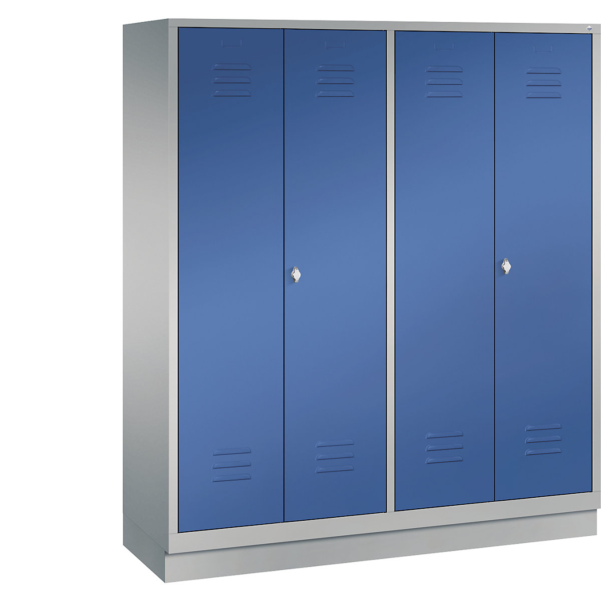C+P CLASSIC Garderobenschrank mit Sockel, zueinander schlagende Türen, 4 Abteile, Abteilbreite 400 mm, weißaluminium / enzianblau