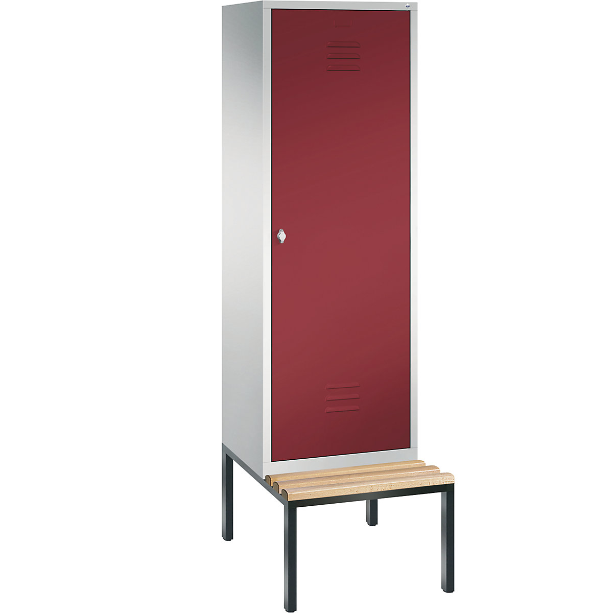 CLASSIC Garderobenschrank mit untergebauter Sitzbank, Tür über 2 Abteile C+P, 2 Abteile, Abteilbreite 300 mm, lichtgrau / rubinrot-3