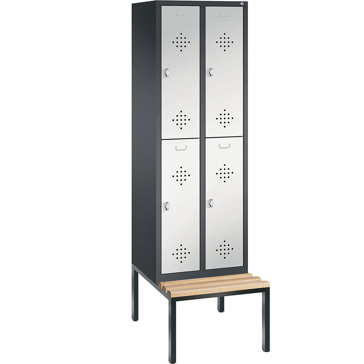 CLASSIC Garderobenschrank mit untergebauter Sitzbank, doppelstöckig C+P, 2 Abteile, je 2 Fächer, Abteilbreite 300 mm, schwarzgrau / lichtgrau-5