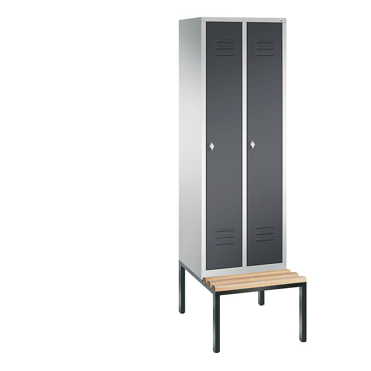 CLASSIC Garderobenschrank mit untergebauter Sitzbank C+P, 2 Abteile, Abteilbreite 300 mm, lichtgrau / schwarzgrau-10