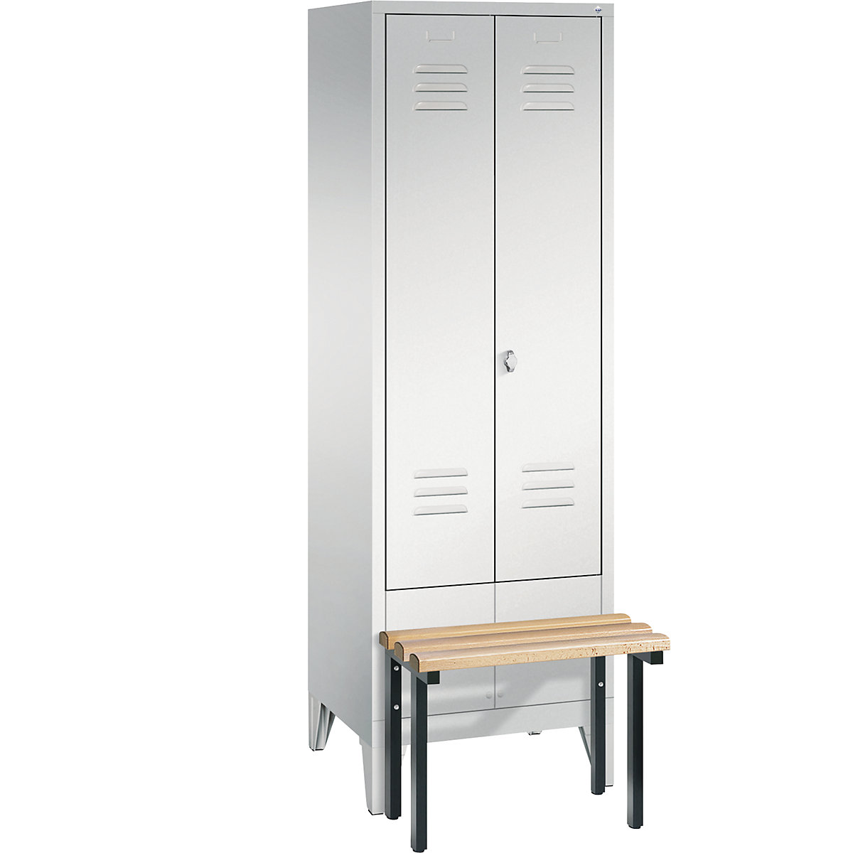 CLASSIC Garderobenschrank mit vorgebauter Sitzbank, zueinander schlagende Türen C+P, 2 Abteile, Abteilbreite 300 mm, lichtgrau-3