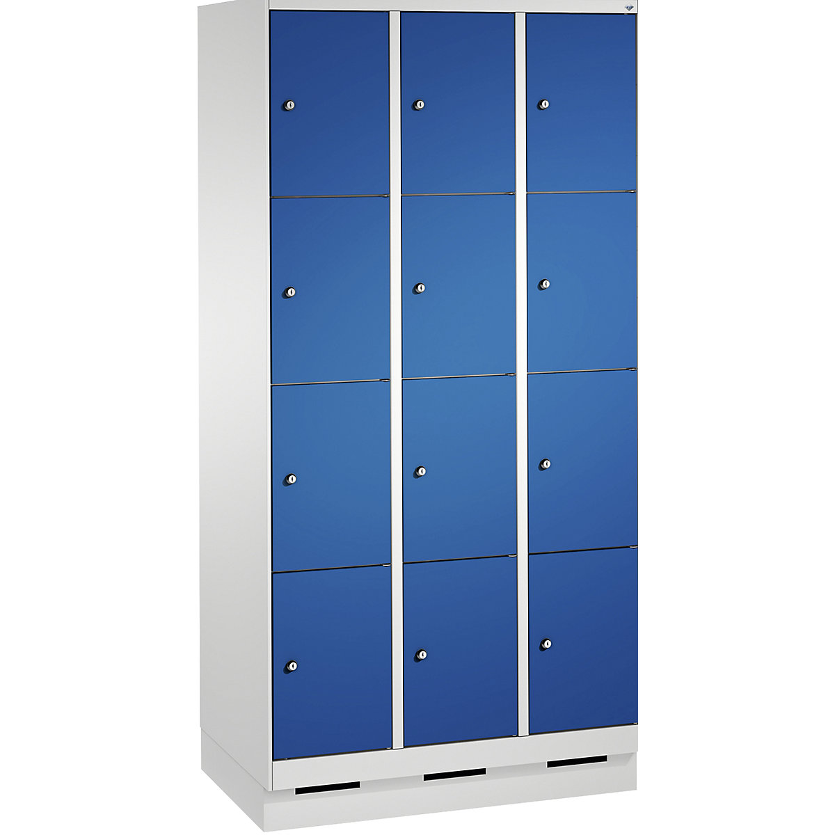 EVOLO Fächerschrank, mit Sockel C+P, 3 Abteile, je 4 Fächer, Abteilbreite 300 mm, lichtgrau / enzianblau-4