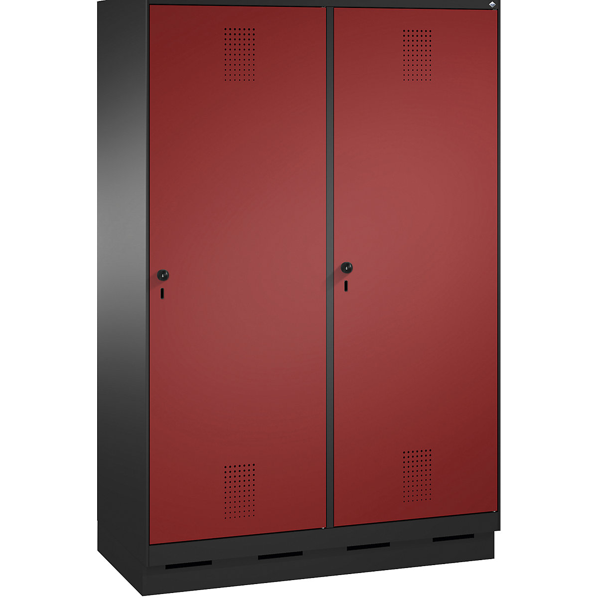 EVOLO Garderobenschrank, Tür über 2 Abteile, mit Sockel C+P, 4 Abteile, 2 Türen, Abteilbreite 300 mm, schwarzgrau / rubinrot-9
