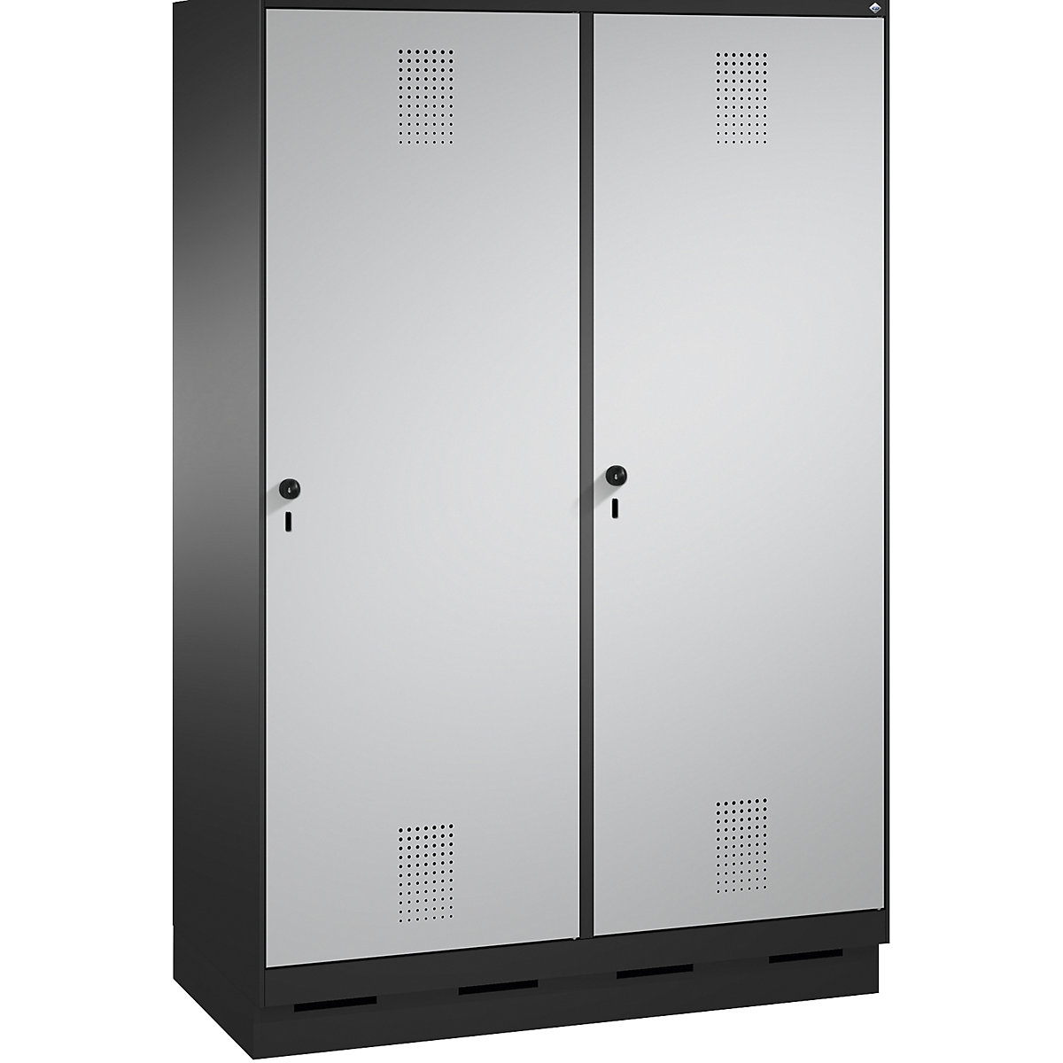 EVOLO Garderobenschrank, Tür über 2 Abteile, mit Sockel C+P, 4 Abteile, 2 Türen, Abteilbreite 300 mm, schwarzgrau / weißaluminium-11