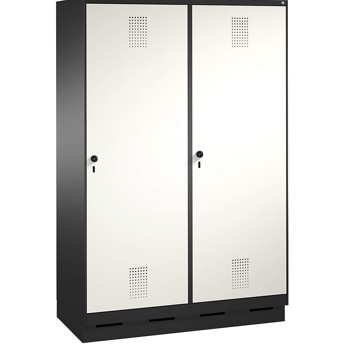 EVOLO Garderobenschrank, Tür über 2 Abteile, mit Sockel C+P, 4 Abteile, 2 Türen, Abteilbreite 300 mm, schwarzgrau / verkehrsweiß-12