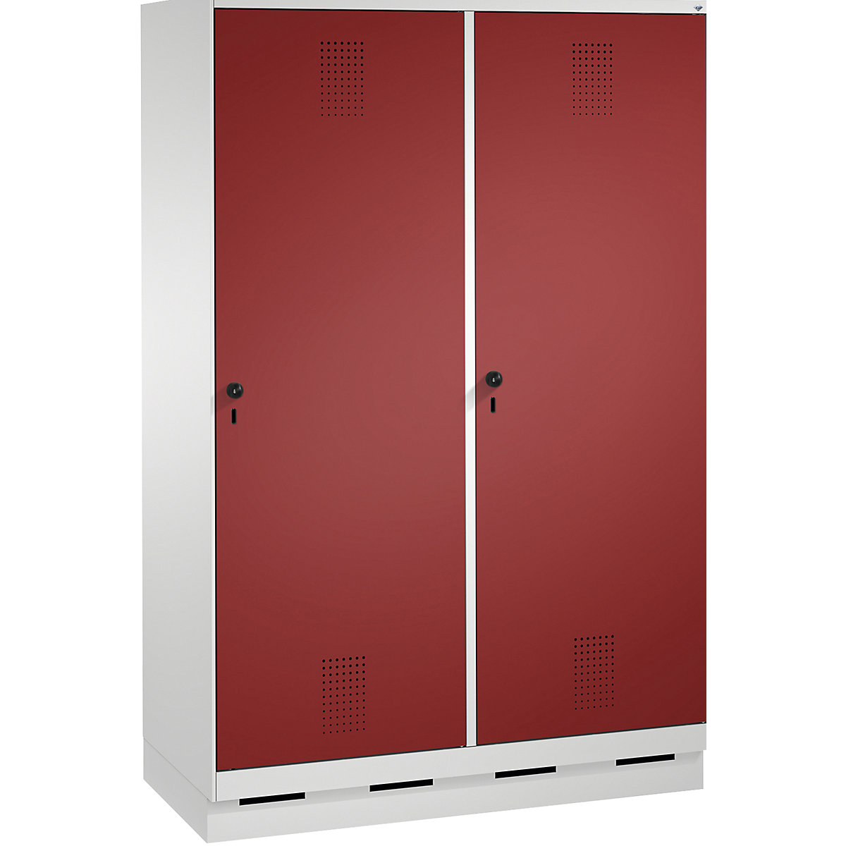 EVOLO Garderobenschrank, Tür über 2 Abteile, mit Sockel C+P, 4 Abteile, 2 Türen, Abteilbreite 300 mm, lichtgrau / rubinrot-3