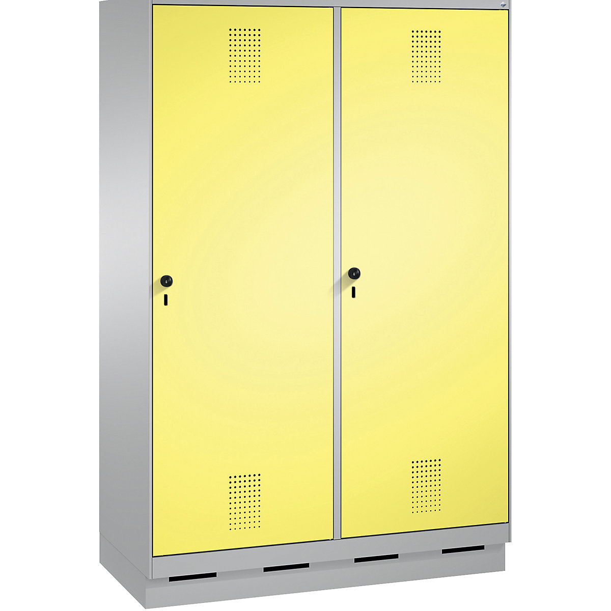 EVOLO Garderobenschrank, Tür über 2 Abteile, mit Sockel C+P, 4 Abteile, 2 Türen, Abteilbreite 300 mm, weißaluminium / schwefelgelb-1