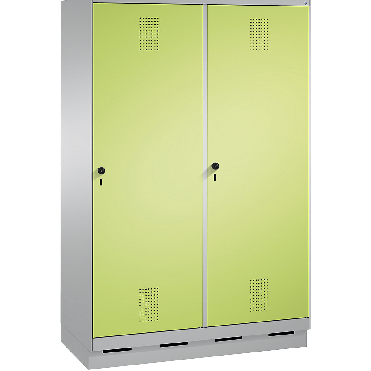 EVOLO Garderobenschrank, Tür über 2 Abteile, mit Sockel C+P, 4 Abteile, 2 Türen, Abteilbreite 300 mm, weißaluminium / viridingrün-13